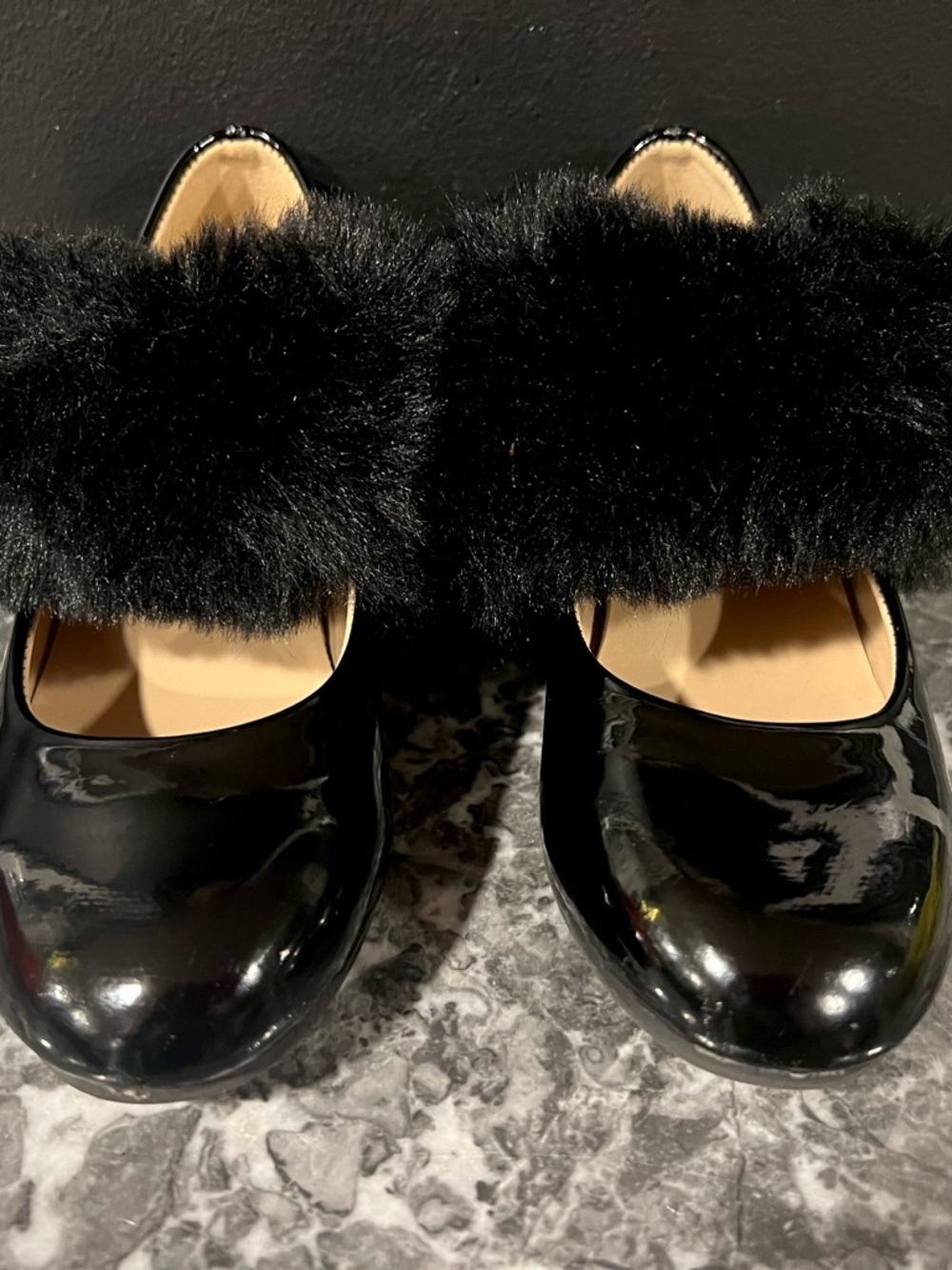 Vince Camuto Black Patent Mary Jane Flats with Faux Fur Strap